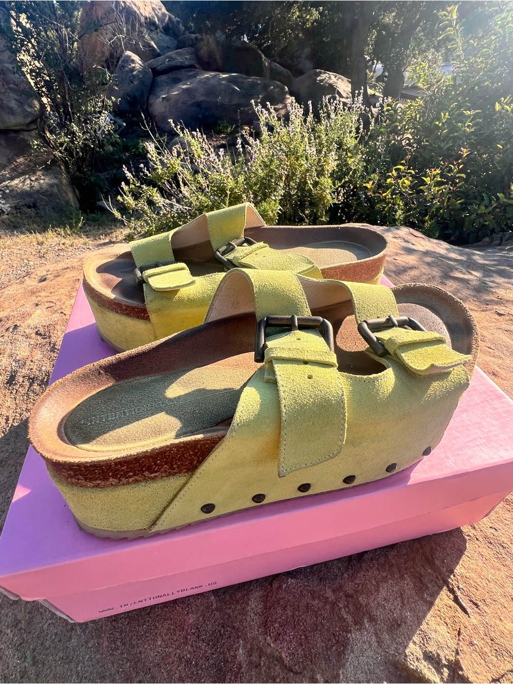 INTENTIONALLY BLANK Lime Green Suede Platform Slide Sandals